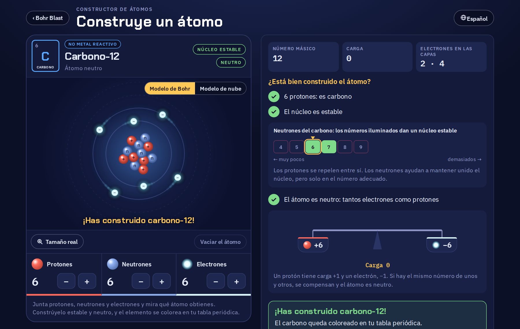 El constructor de átomos con un átomo de carbono: 6 protones y 6 neutrones en el núcleo y 6 electrones en dos capas. Al lado están el número másico, la carga y las comprobaciones: el núcleo es estable y el átomo es neutro.
