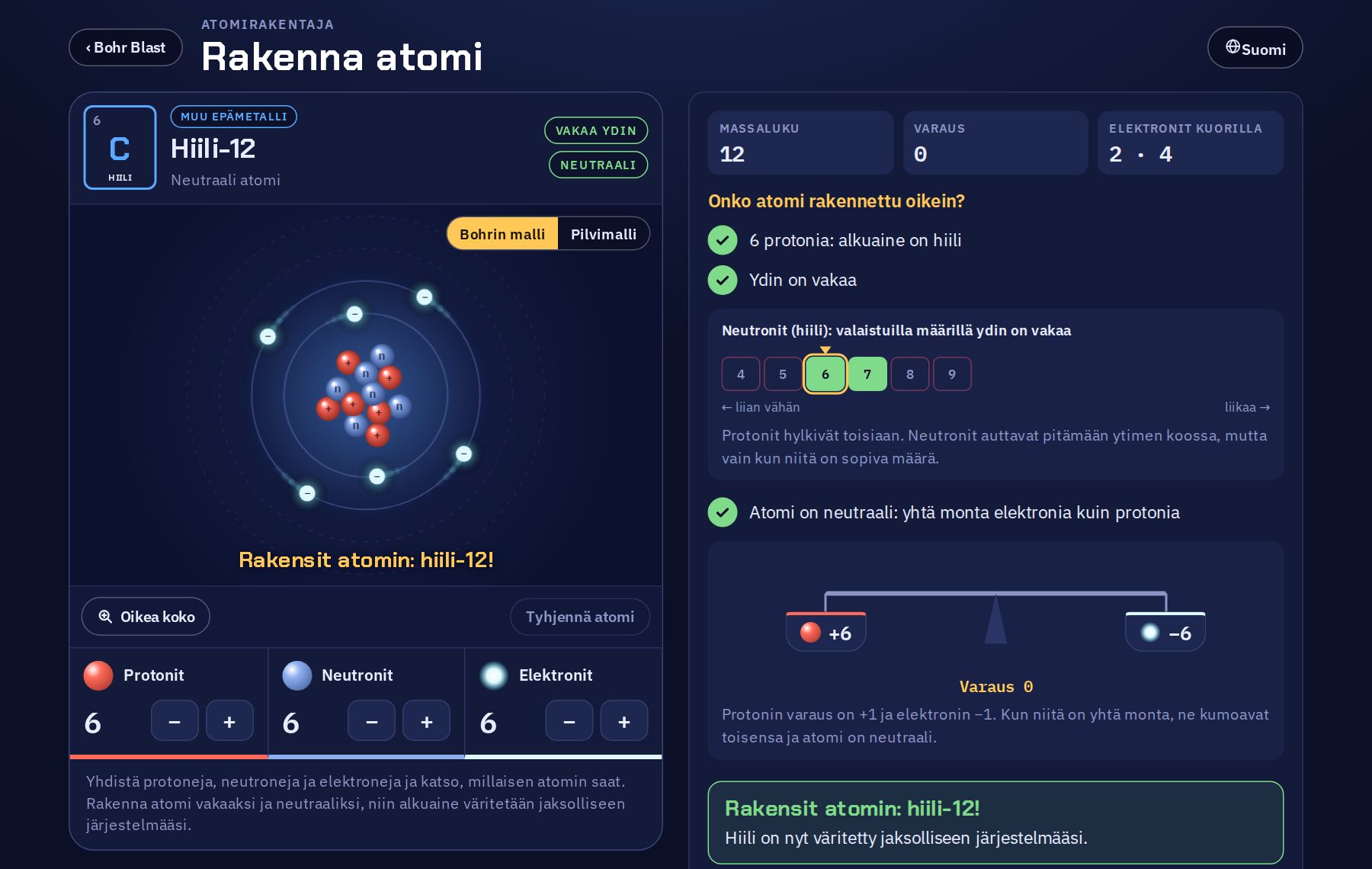 Atomirakentaja, jossa on hiiliatomi: ytimessä on 6 protonia ja 6 neutronia, ja 6 elektronia on kahdella kuorella. Vieressä näkyvät massaluku, varaus ja tarkistukset: ydin on vakaa ja atomi on neutraali.