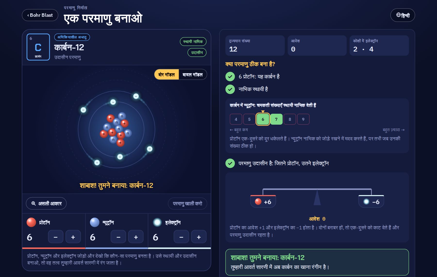 परमाणु निर्माता में कार्बन का परमाणु: नाभिक में 6 प्रोटॉन और 6 न्यूट्रॉन, और दो कोशों में 6 इलेक्ट्रॉन। बगल में द्रव्यमान संख्या, आवेश और जाँचें हैं: नाभिक स्थायी है और परमाणु उदासीन है।