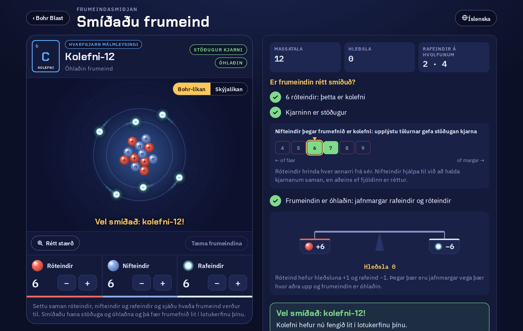 Frumeindasmiðjan með kolefnisfrumeind: 6 róteindir og 6 nifteindir í kjarnanum og 6 rafeindir á tveimur hvolfum. Til hliðar eru massatalan, hleðslan og athuganirnar: kjarninn er stöðugur og frumeindin er óhlaðin.