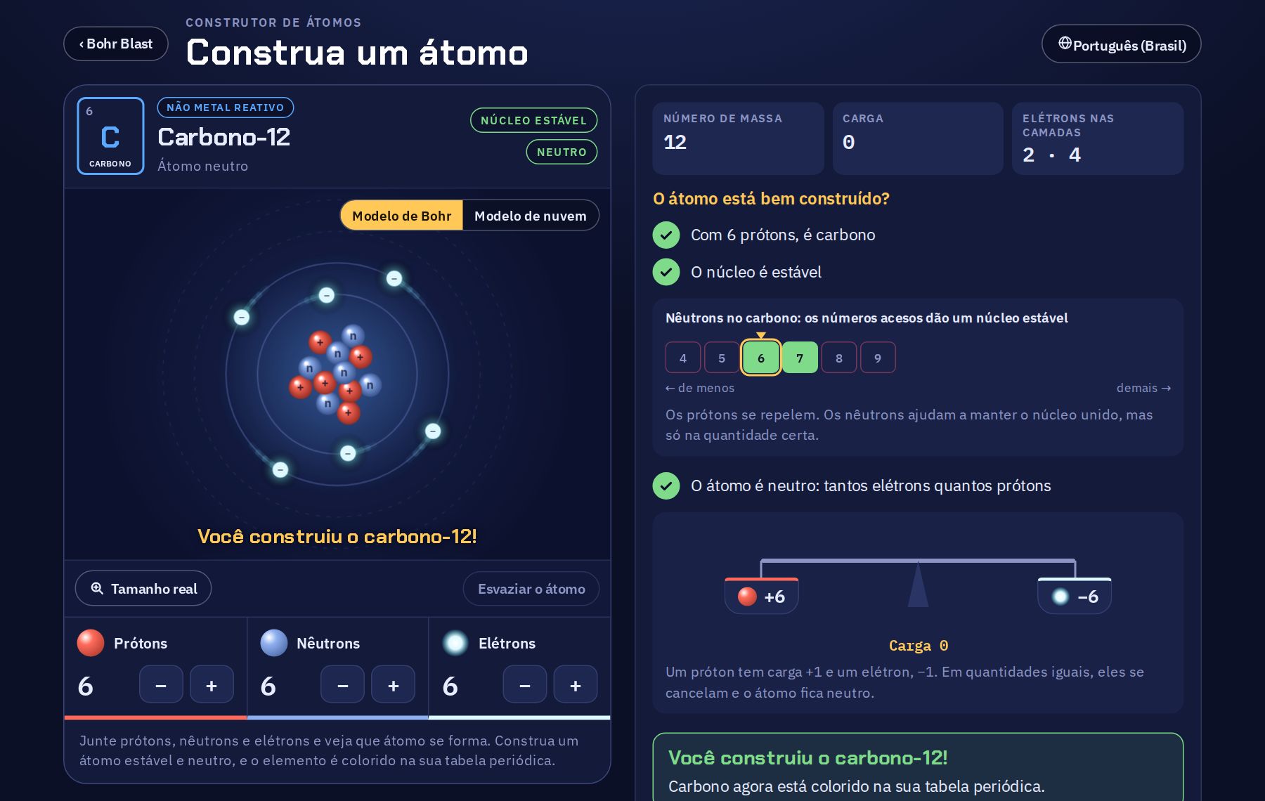 O construtor de átomos com um átomo de carbono: 6 prótons e 6 nêutrons no núcleo e 6 elétrons em duas camadas. Ao lado ficam o número de massa, a carga e as verificações: o núcleo é estável e o átomo é neutro.