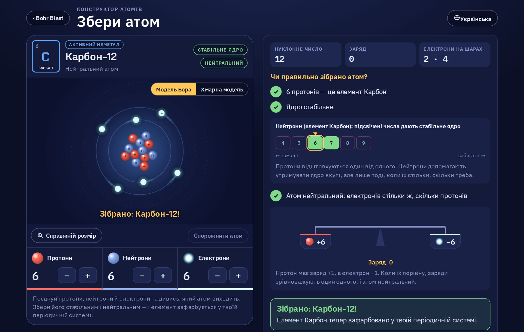 Конструктор атомів з атомом Карбону: 6 протонів і 6 нейтронів у ядрі та 6 електронів на двох шарах. Поруч — нуклонне число, заряд і перевірки: ядро стабільне, атом нейтральний.